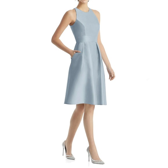 ALFRED SUNG Dresses & Skirts - Alfred Sung Mist Blue High Neck‎ Satin Dress Size 16 D769